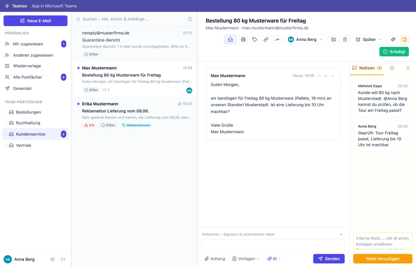 Shared Inbox Teamox in Microsoft Teams: Team-Postfächer links, Konversationsliste mit Zuweisung, geöffnete E-Mail und gelbe Notizen-Spalte rechts
