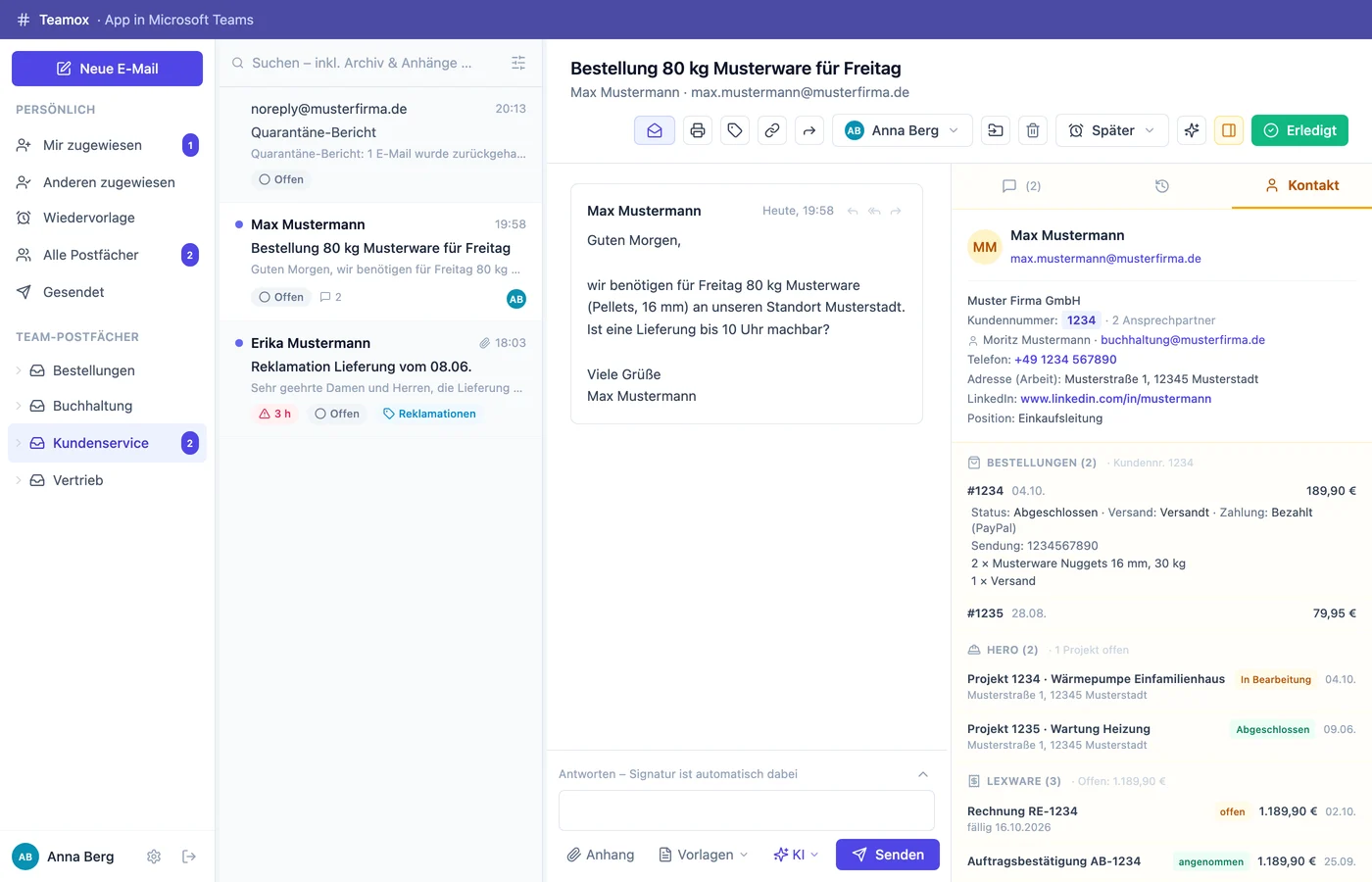 Teamox: Kontakt-Tab mit Kundennummer, Bestellungen, Anrufen und E-Mails