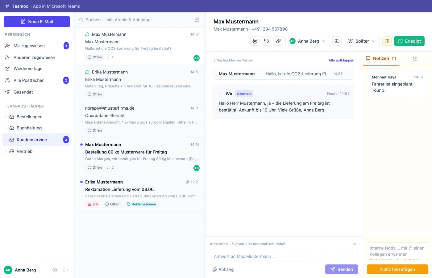 Teamox: a customer’s WhatsApp chat in the team mailbox next to the emails, with assignment and notes